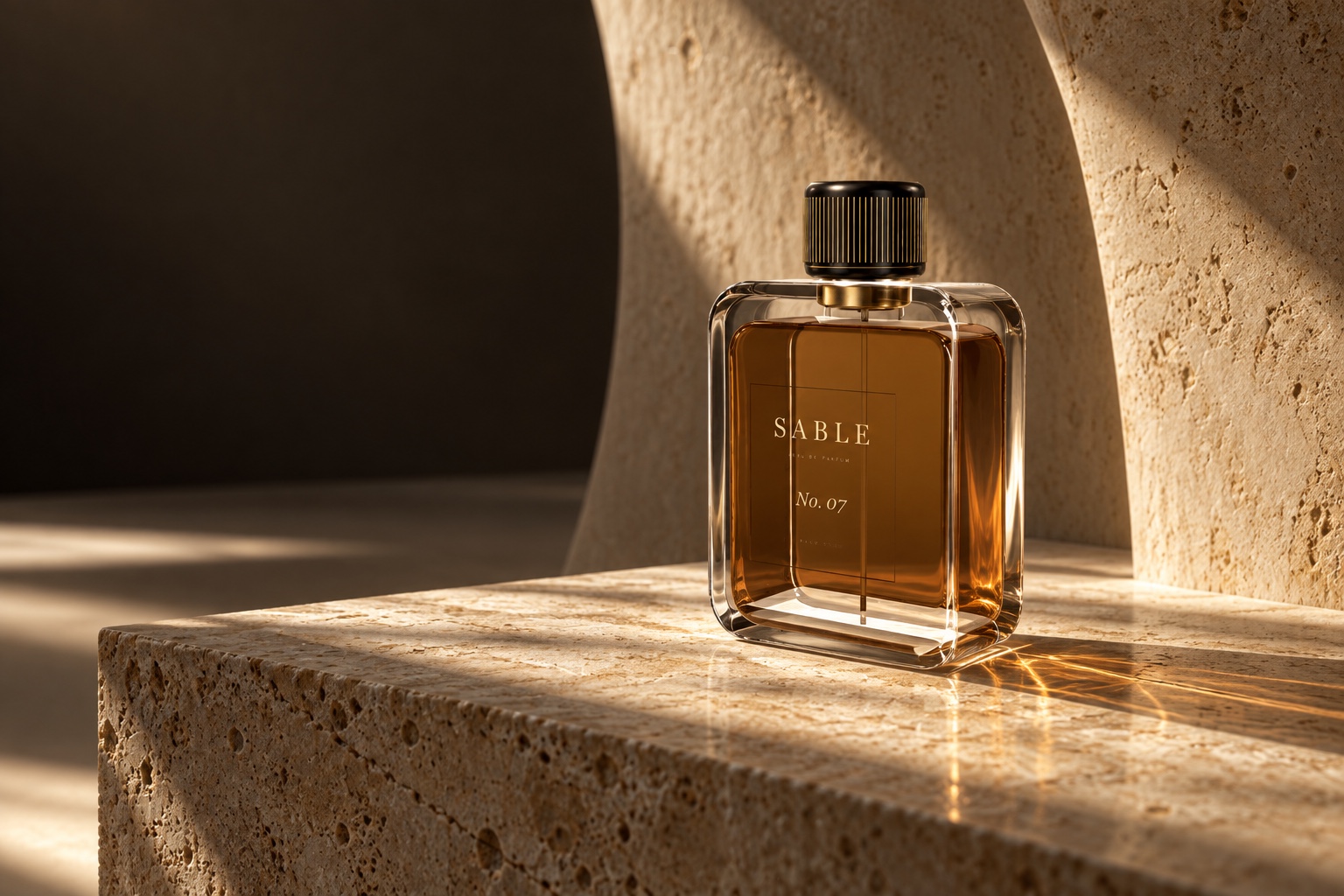 Sable fragrance on sunlit travertine, with amber light refracting through glass