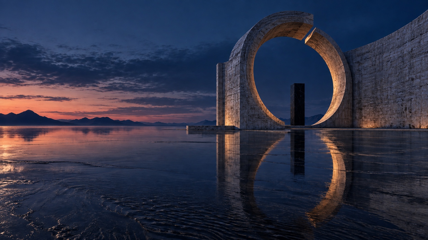 The same architectural concept reimagined in blue-hour light