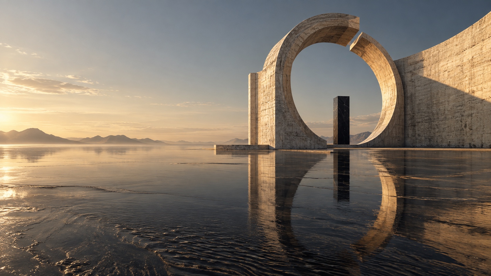 An original architectural world: a monumental travertine portal reflected in a still salt lake